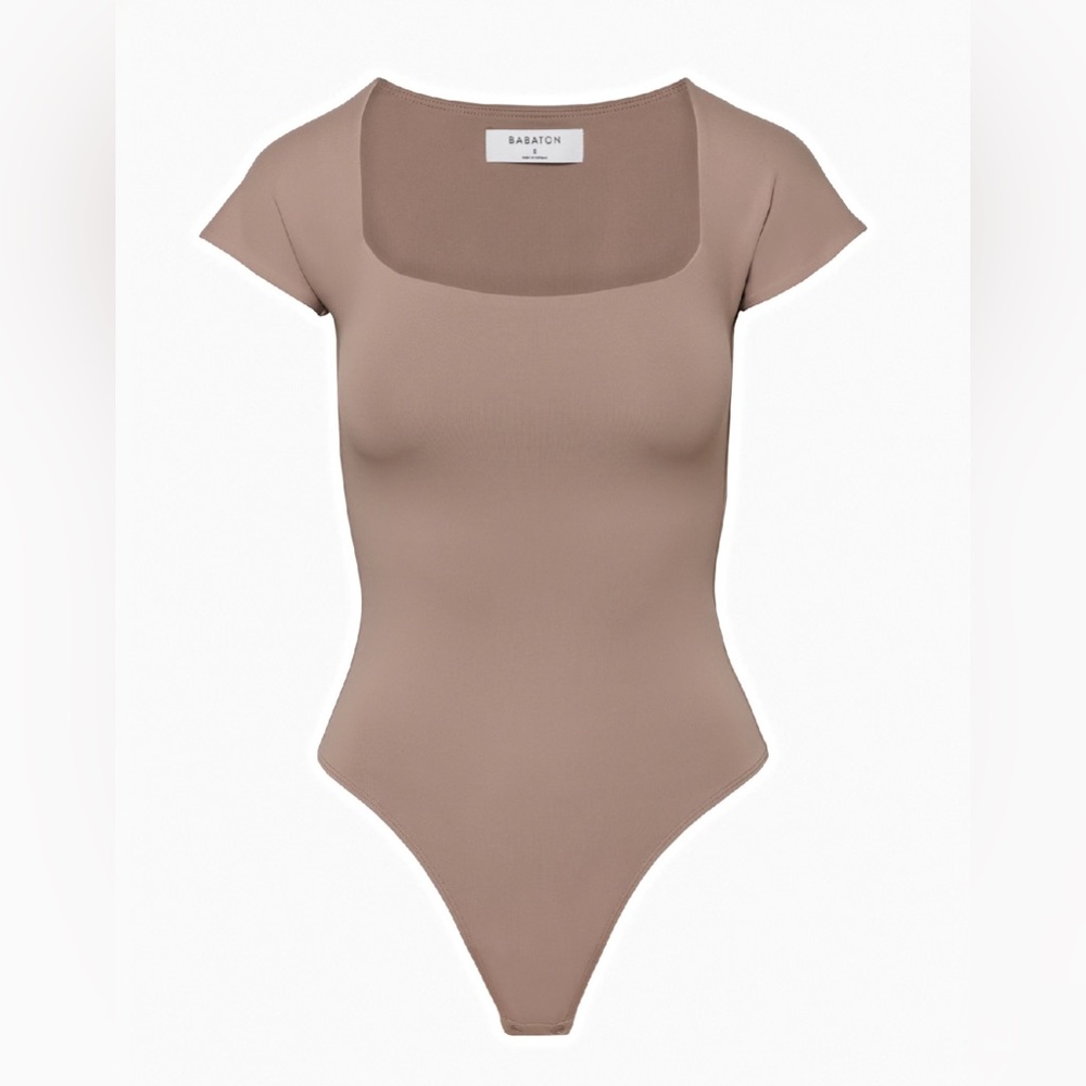 Aritzia Babaton Contour Straight Neck Bodysuit Taupe Beige Tan